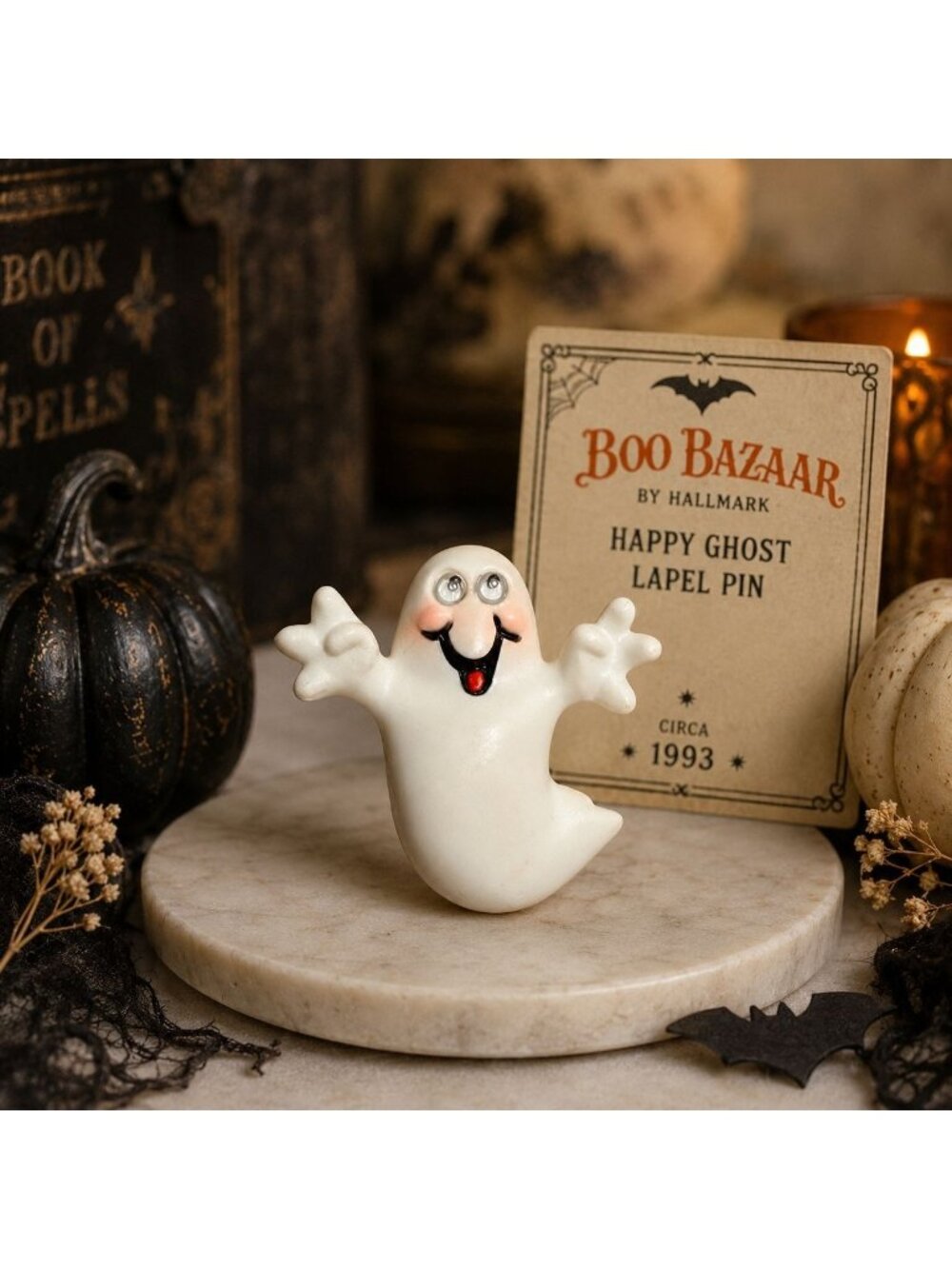 Vintage Hallmark Boo Bazaar Happy Ghost Lapel Pin Spooky Halloween Brooch 1993